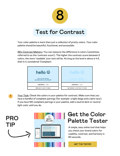 A preview of a PDF for the 'Color Palette Cheat Sheet'. This is page #8 titled 'Test for contrast'