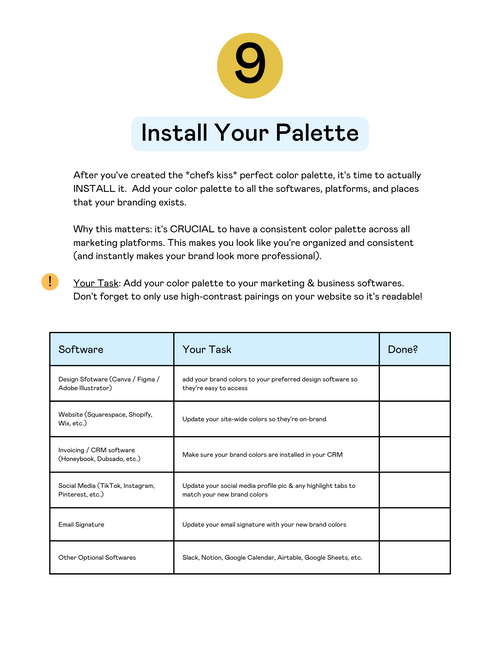 A preview of a PDF for the 'Color Palette Cheat Sheet'. This is page #9 titled 'Install your palette'