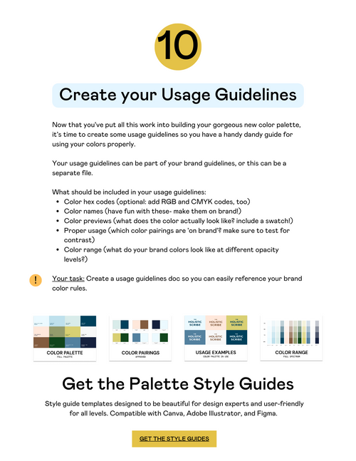 A preview of a PDF for the 'Color Palette Cheat Sheet'. This is page #10 titled 'Create your usage guidelines'