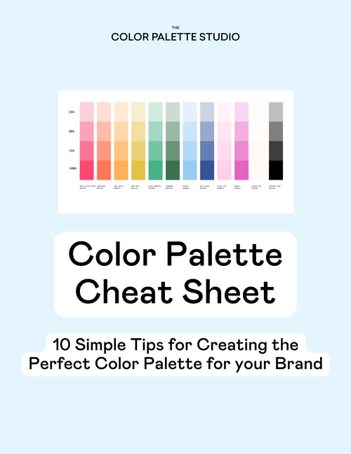 A preview of a PDF for the 'Color Palette Cheat Sheet'. This is the cover with a preview of a rainbow spectrum and the text 'Color Palette Cheat Sheet: 10 Simple Tips for Creating the Perfect Color Palette for your Brand'