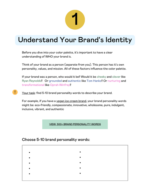 A preview of a PDF for the 'Color Palette Cheat Sheet'. This is page #1 titled 'Understand Your Brand's Identity'
