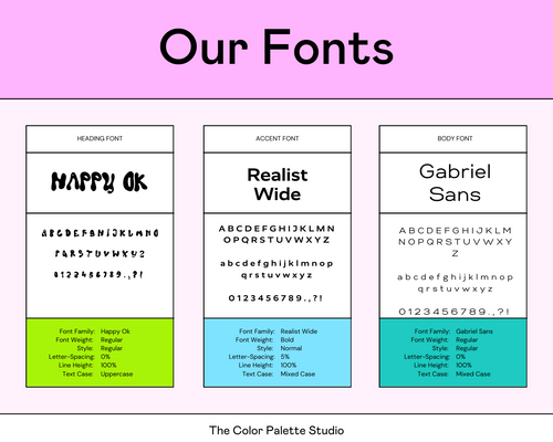 Preview of font style guides, showcasing the names of fonts, how they are used, their alphabet preview, and the rules for using them properly. Featured fonts: Happy OK, Realist Wide, Gabriel Sans