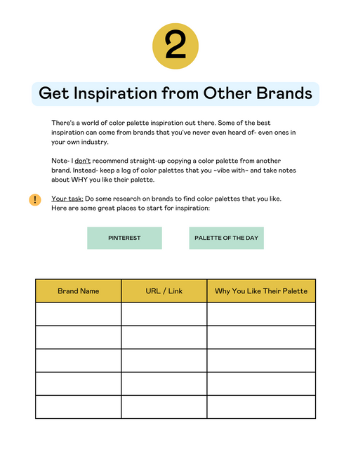A preview of a PDF for the 'Color Palette Cheat Sheet'. This is page #2 titled 'Get inspiration from other brands'