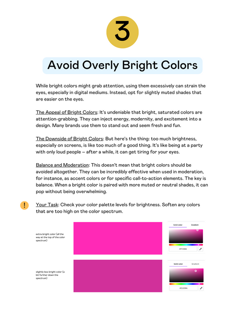A preview of a PDF for the 'Color Palette Cheat Sheet'. This is page #3 titled 'Avoid overly bright colors'