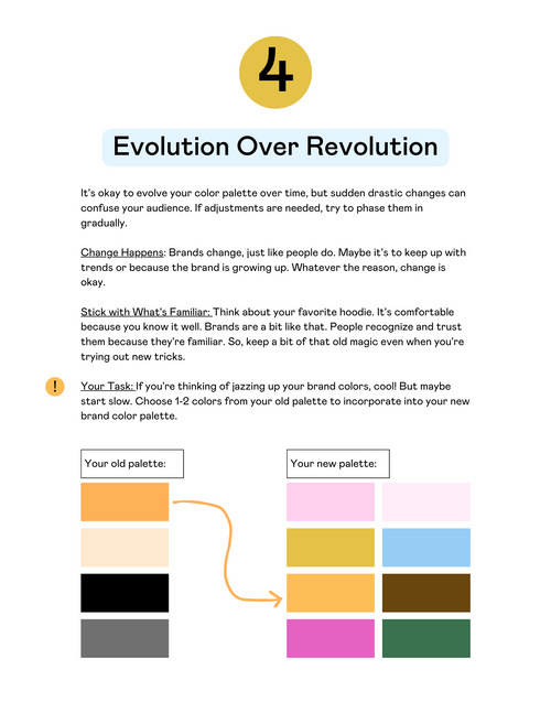 A preview of a PDF for the 'Color Palette Cheat Sheet'. This is page #4 titled 'Evolution over Revolution'