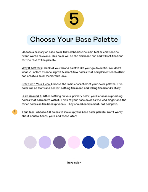 A preview of a PDF for the 'Color Palette Cheat Sheet'. This is page #5 titled 'Choose your base palette'