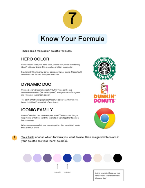 A preview of a PDF for the 'Color Palette Cheat Sheet'. This is page #7 titled 'Know your formula'