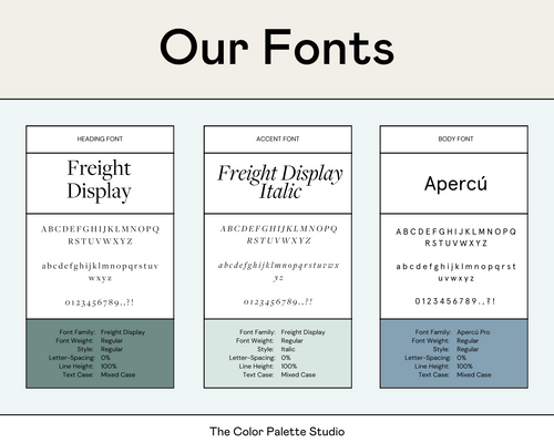 Preview of font style guides, showcasing the names of fonts, how they are used, their alphabet preview, and the rules for using them properly. Featured fonts: Freight Display, Freight Display Italic, and Apercú