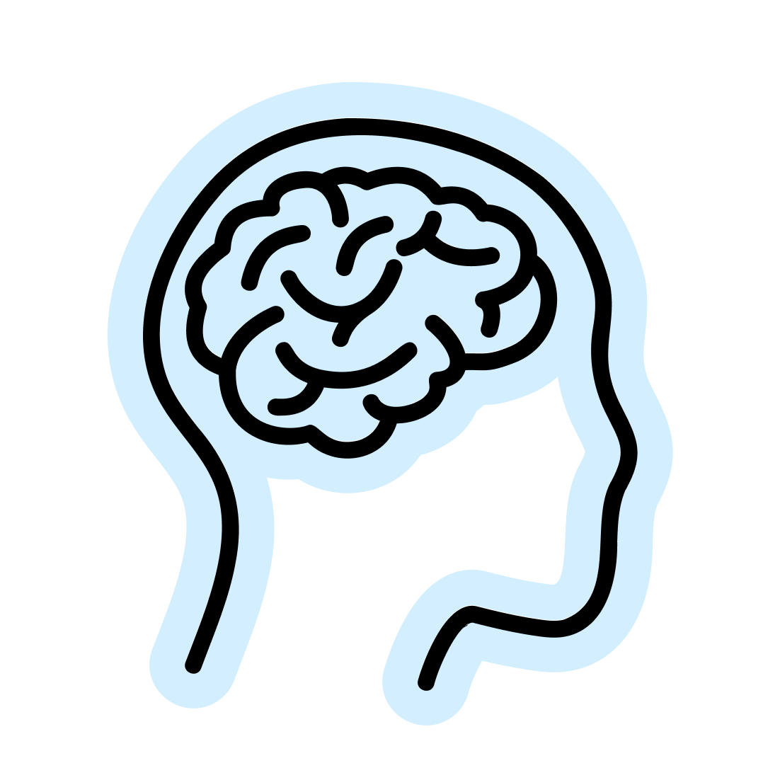 A black icon of a person's face and brain, highlighted in light blue