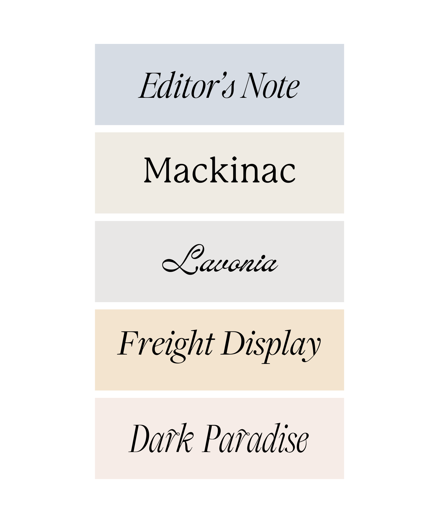 Preview of 5 fonts: Editor's Note (italic serif), Mackinac (soft serif), Lavonia (script), Freight Display (italic serif), and Dark Paradise (script serif)