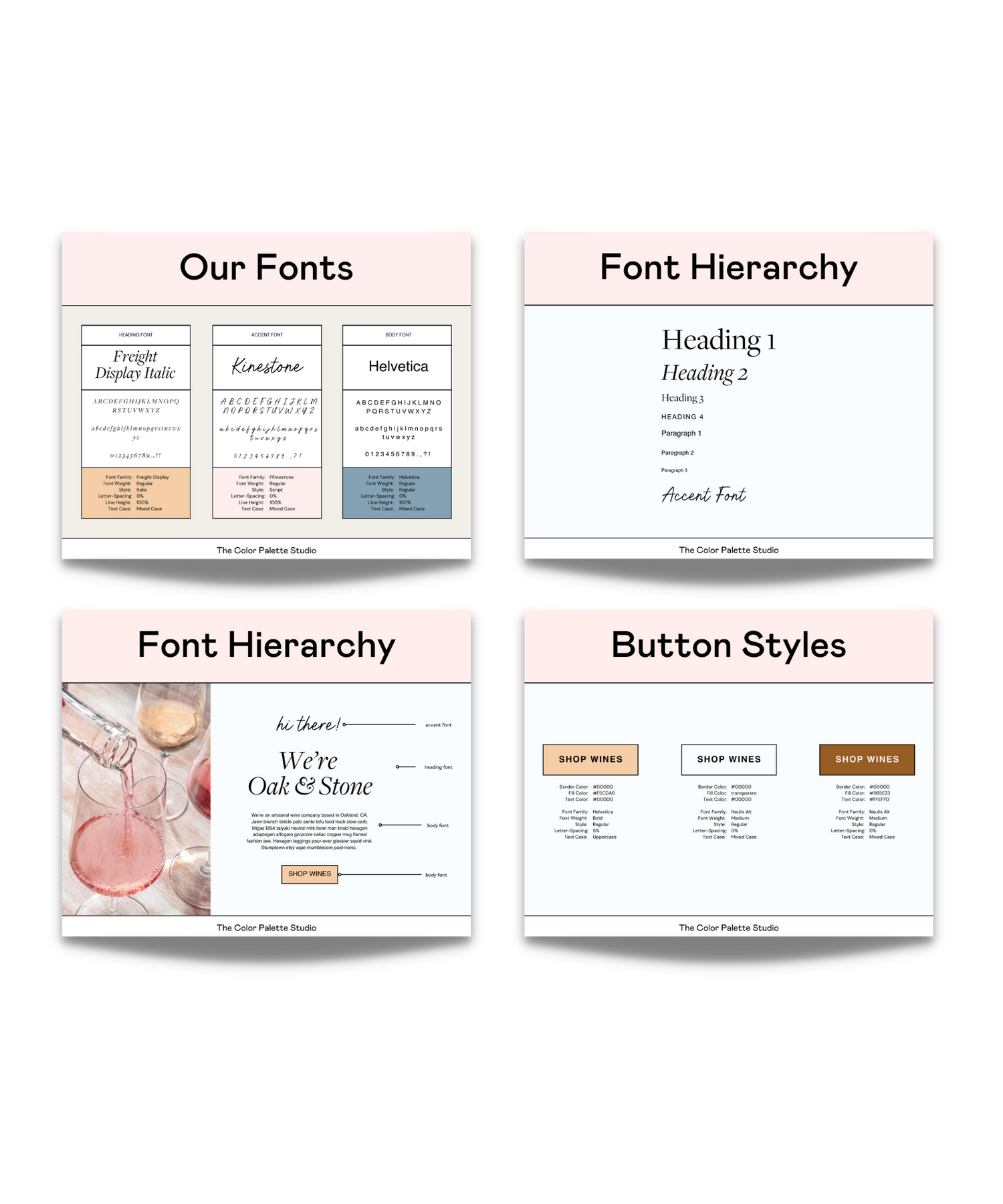 previews of font pairing style guides, showcasing different ways that a font suite can be presented in a brand guidelines doc