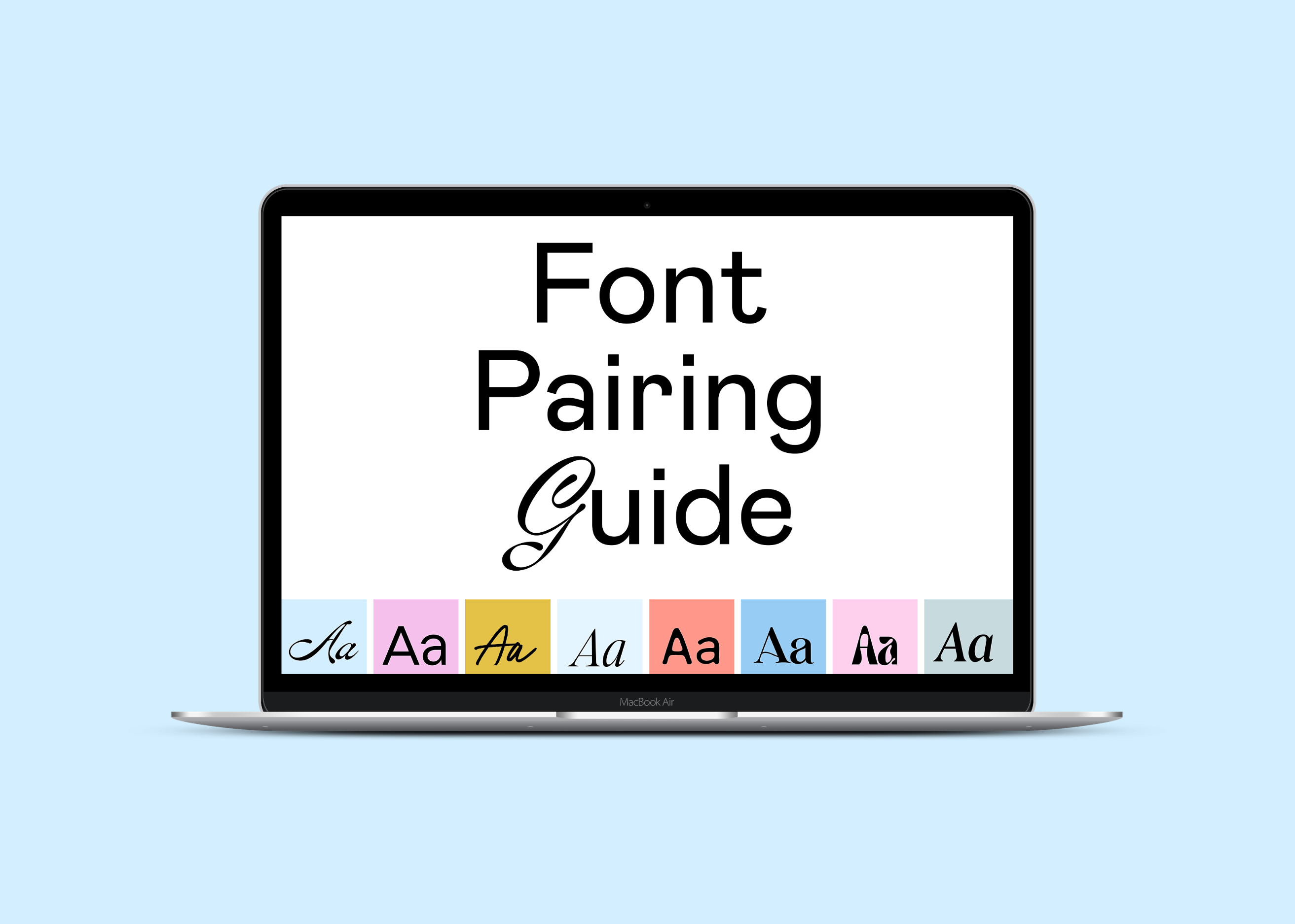 Blue background with a laptop that features a variety of letters with the text 'Font Pairing Guide'