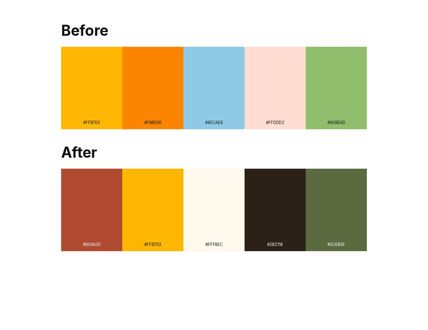 After: a fixed color palette with locked marigold, clay, cream, and espresso