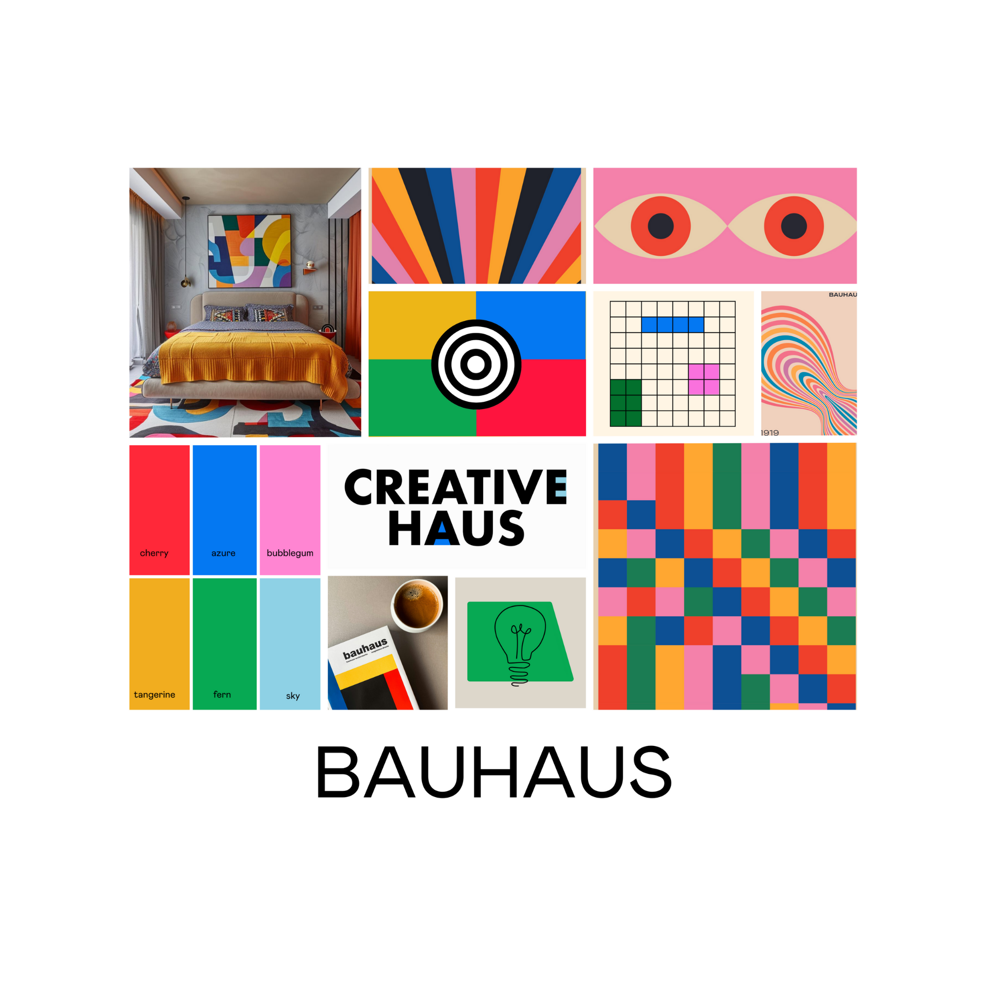 A mood board of the 'Bauhaus' design style: lots of bold colors, simple shapes, and saturated primary colors (red, blue, pink, yellow, green)