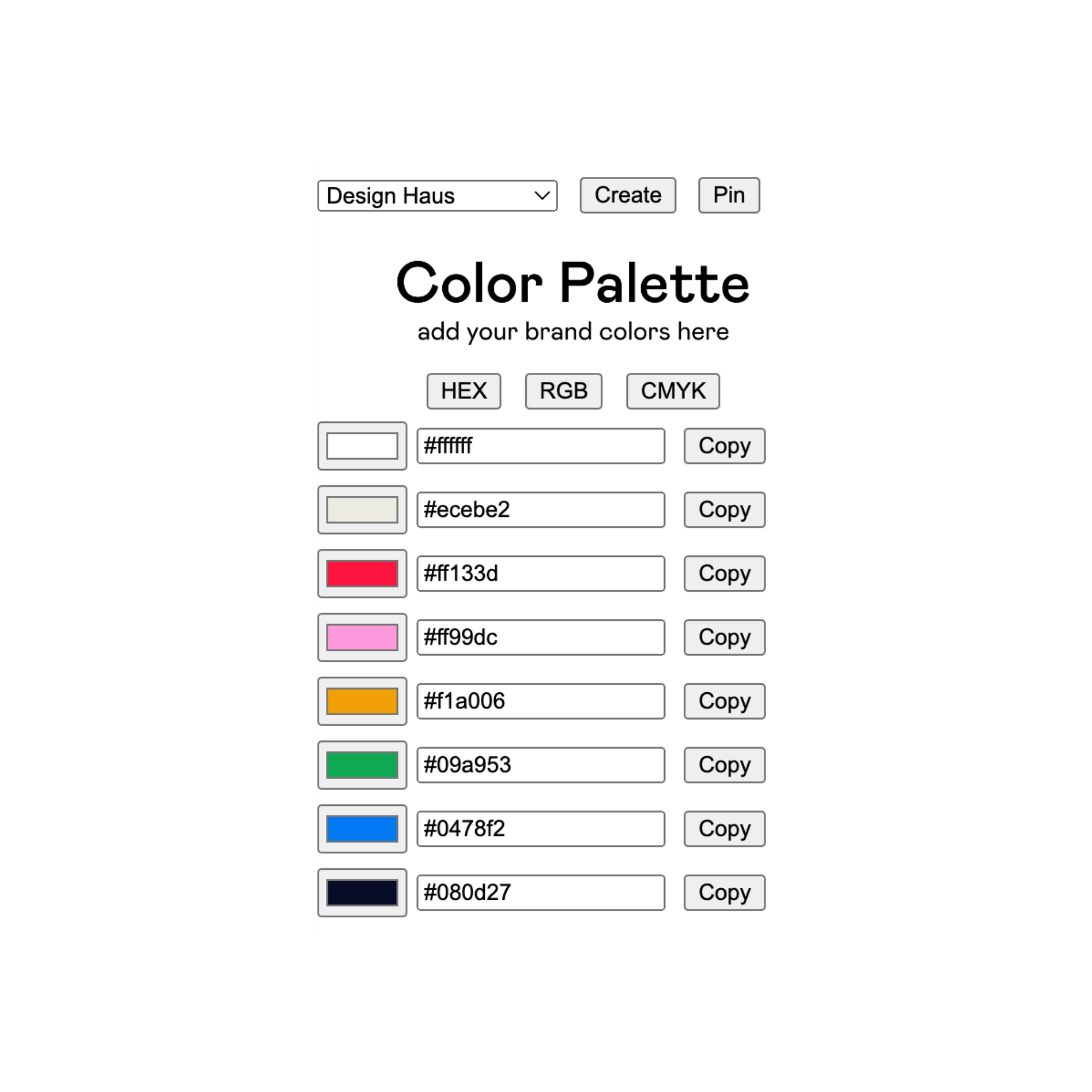 A screenshot of the 'Color Buddy' app with a bold & colorful brand color palette pre-loaded. 
