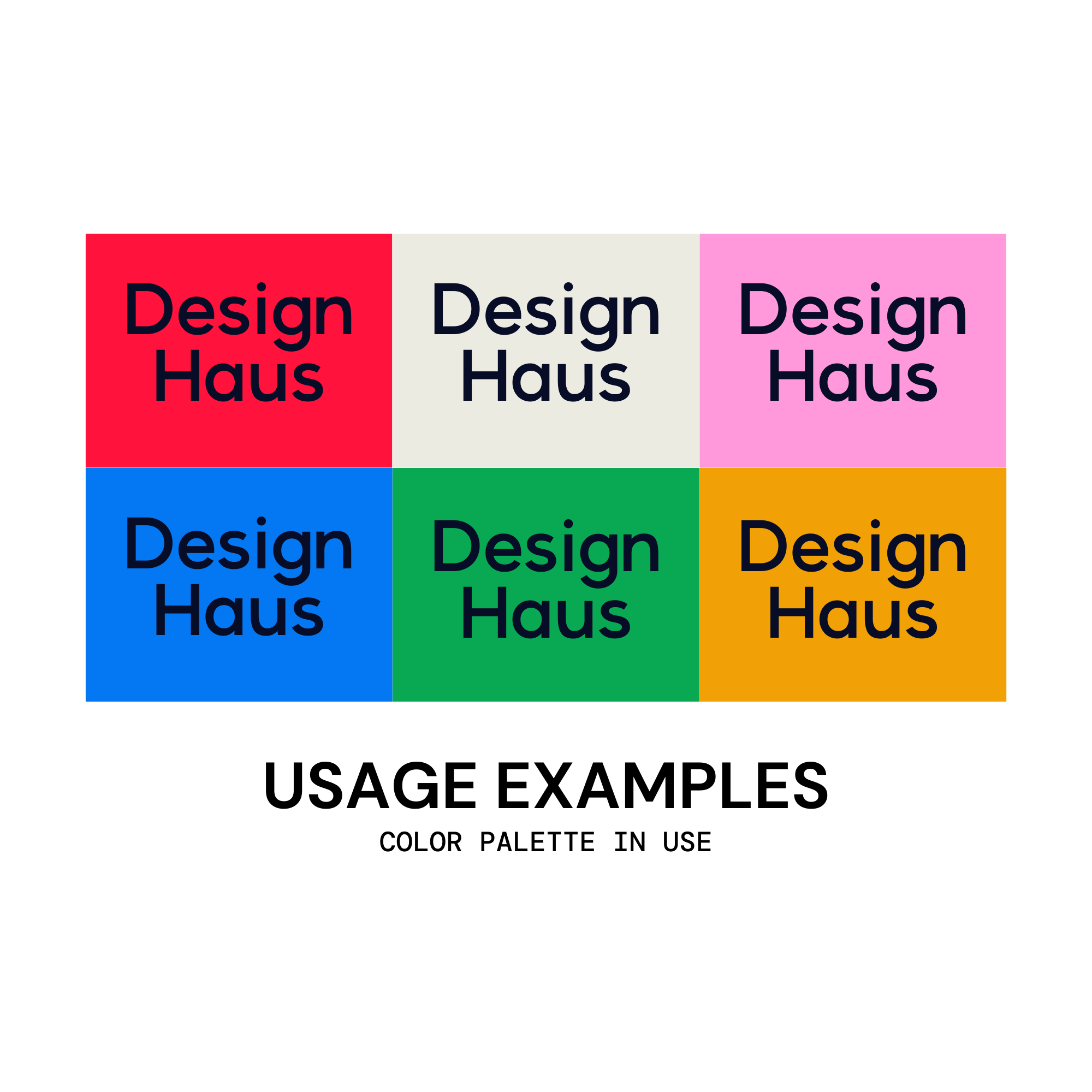 A preview of brand colors being paired with a brand logo ('Design Haus'). The logo is in a dark charcoal grey and this is a preview of how the logo looks on some bright and bold colorful backgrounds. 