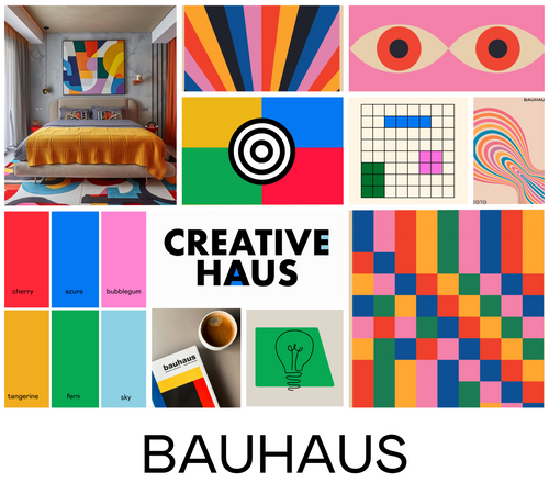 A mood board of the 'Bauhaus' graphic design style with lots of bold saturated colors, simple shapes, and retro graphics. Main colors of this design style: pinks, blues, reds, yellows, greens, and neutrals