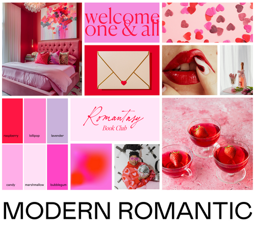 A mood board for the Modern Romantic design style with lots of pinks, reds, purples, and feminine colors.  