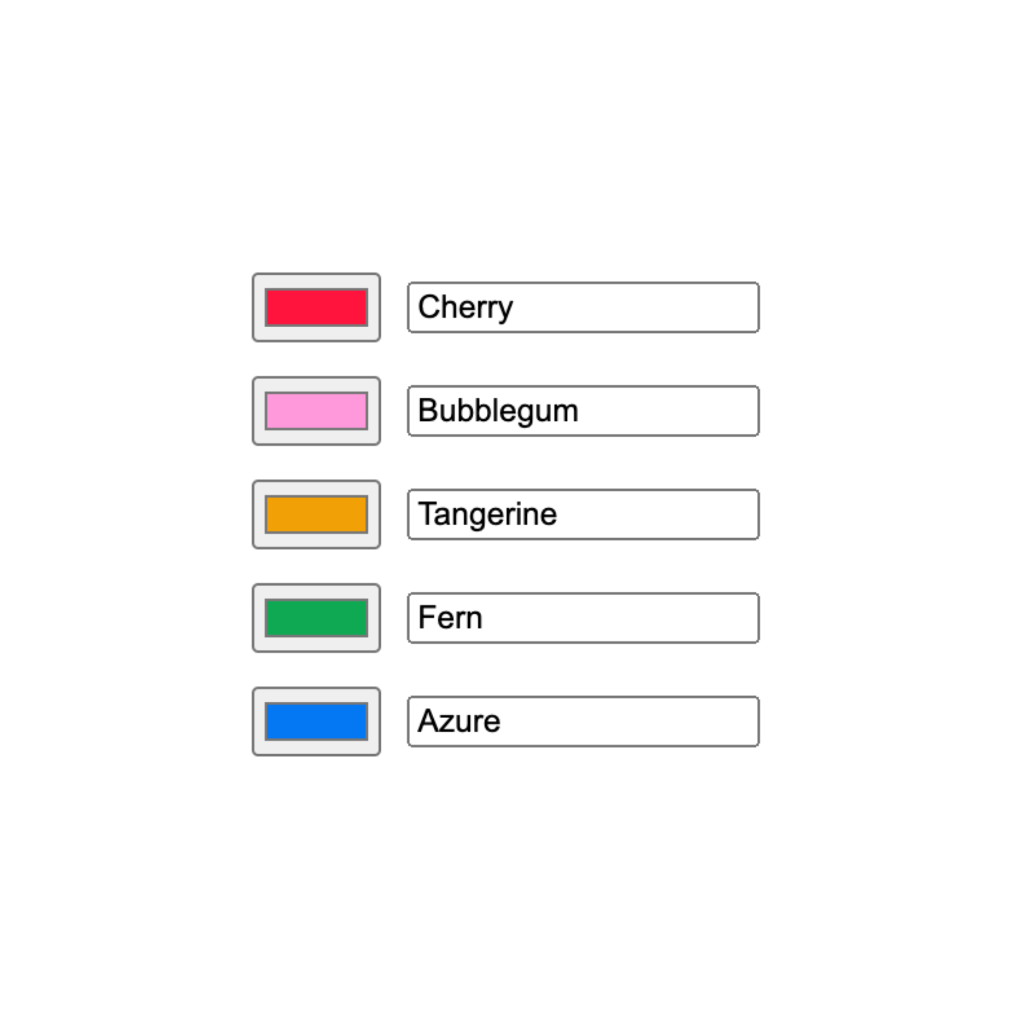 A preview of a brand color palette: a bright red, a bright pink, a bright yellow, a bright green, and a bright blue