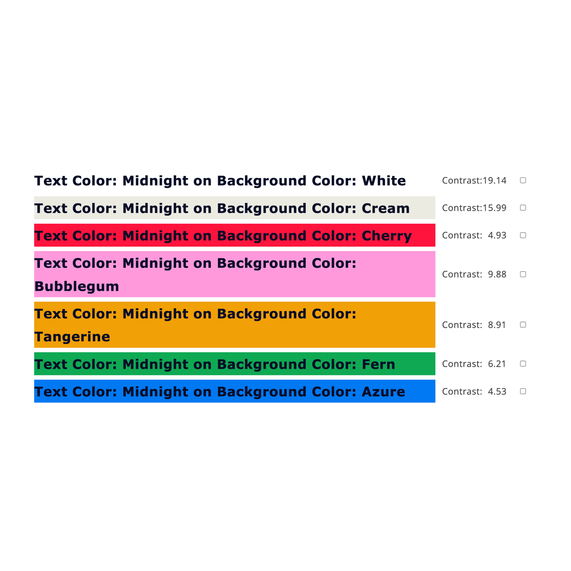 A screenshot of a series of text and background colors being tested for color contrast. Contrast levels range from 4.53 - 19.14. The color palette is bold and bright with a Bauhaus theme.
