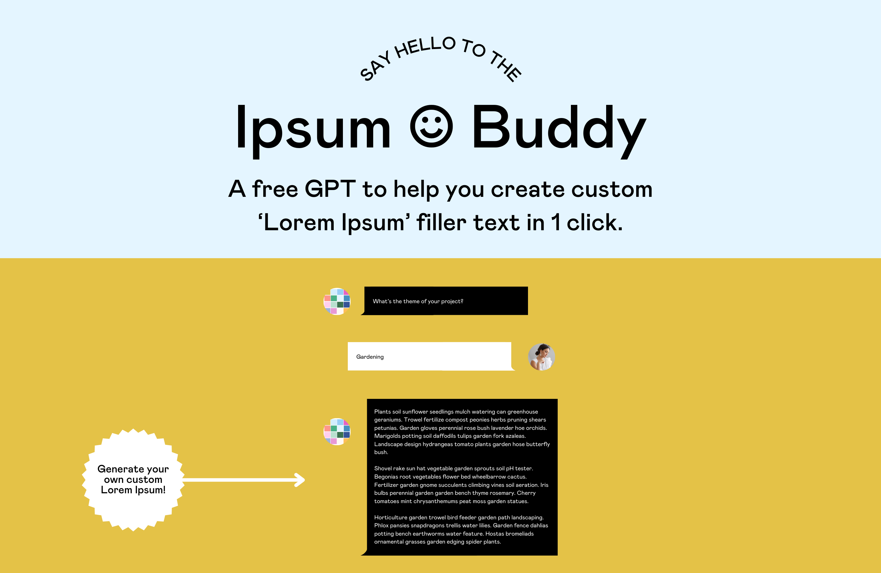 Text: 'Say Hello to the Ipsum Buddy: a gree GPT to help you create custom 'Lorem Ipsum' filler text in 1 click' with a screenshot of the GPT in action 