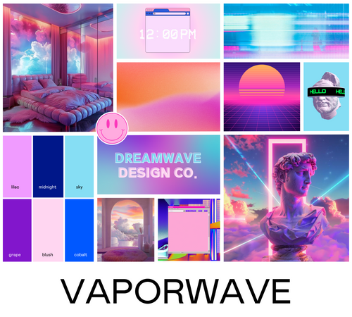 A mood board for the 'Vaporwave' graphic design style with lots of bold and saturated pastel colors, synthwave textures, cloudlike dreamy images, and retro graphics